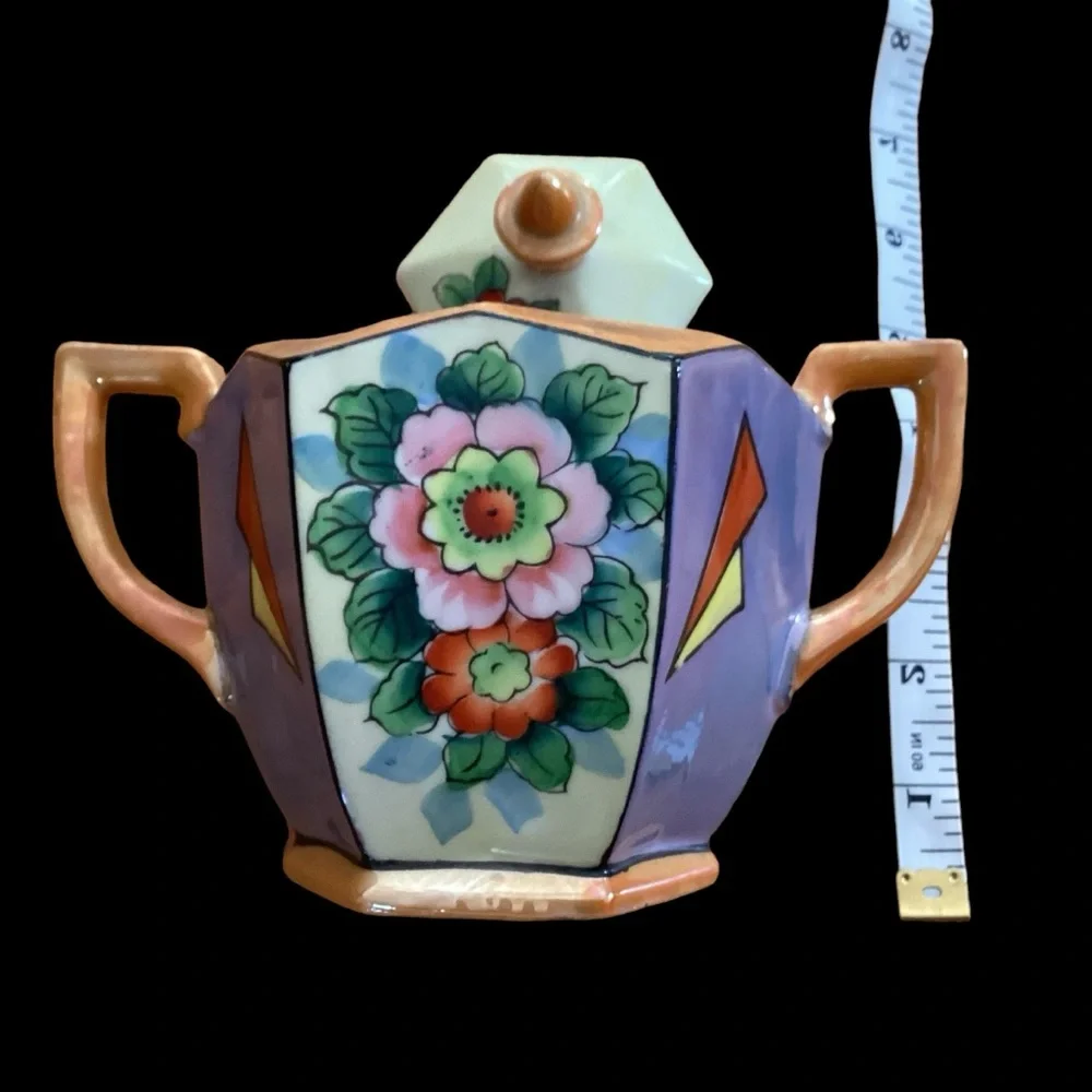 Vintage Lusterware Sugar Pot Ceramic Hexagon Iridescent Glaze